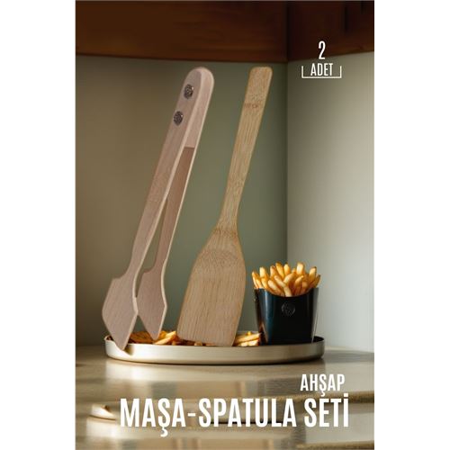 Takaz Global Ahşap Spatula Maşa Seti Doğal Gürgen Ağacı 2 li SET